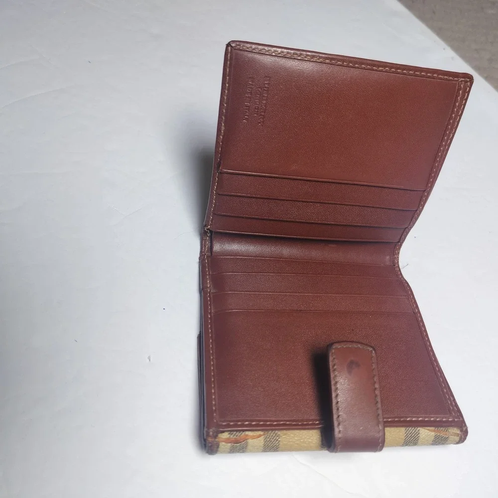 Burberry Haymarket‎ Check Bifold Wallet Brown Leather Trim Made in Italy